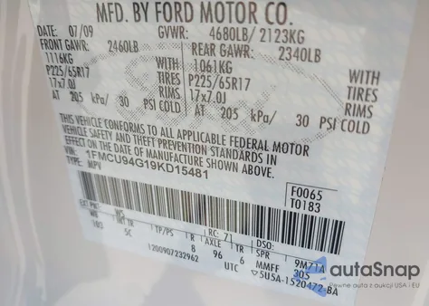 2009 Ford Escape Limited из США, поврежденный, VIN 1FMCU94G19KD15481